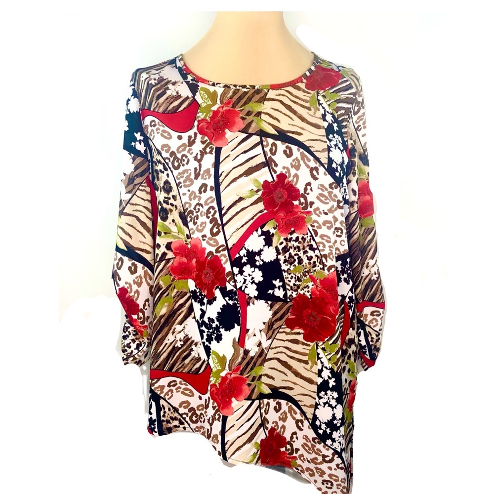 Chicos Asymmetrical Pull Over  Print Blouse Sz 12